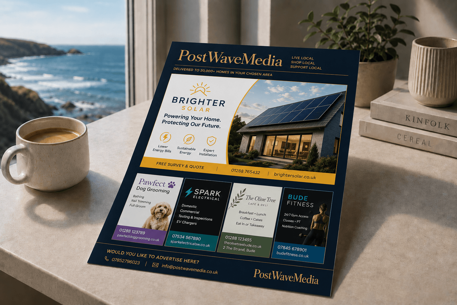 PostWaveMedia flyer featuring local business advertisements on a table with a scenic coastal view.